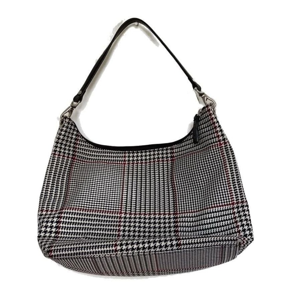 Lauren Ralph‎ Lauren Houndstooth Hobo Shoulder Bag Black White Red Leather Trim